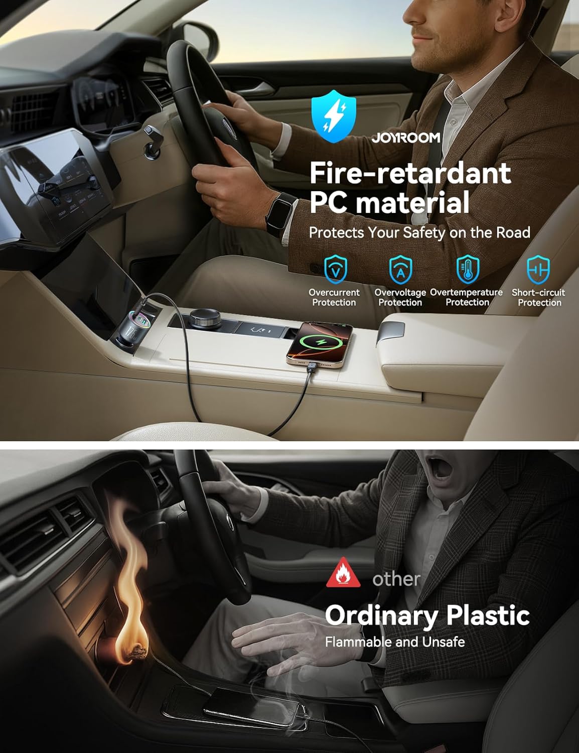 JOYROOM 175W Car Charger USB C Fast Charge 3-Port Cigarette Lighter Charger | GaN Super Fast Car Charger, PD100W+PD45W+QC30W, Heat Dissipation, Ultra Safe, Soft LED Ambient Light, 4ft 100W Cable Included