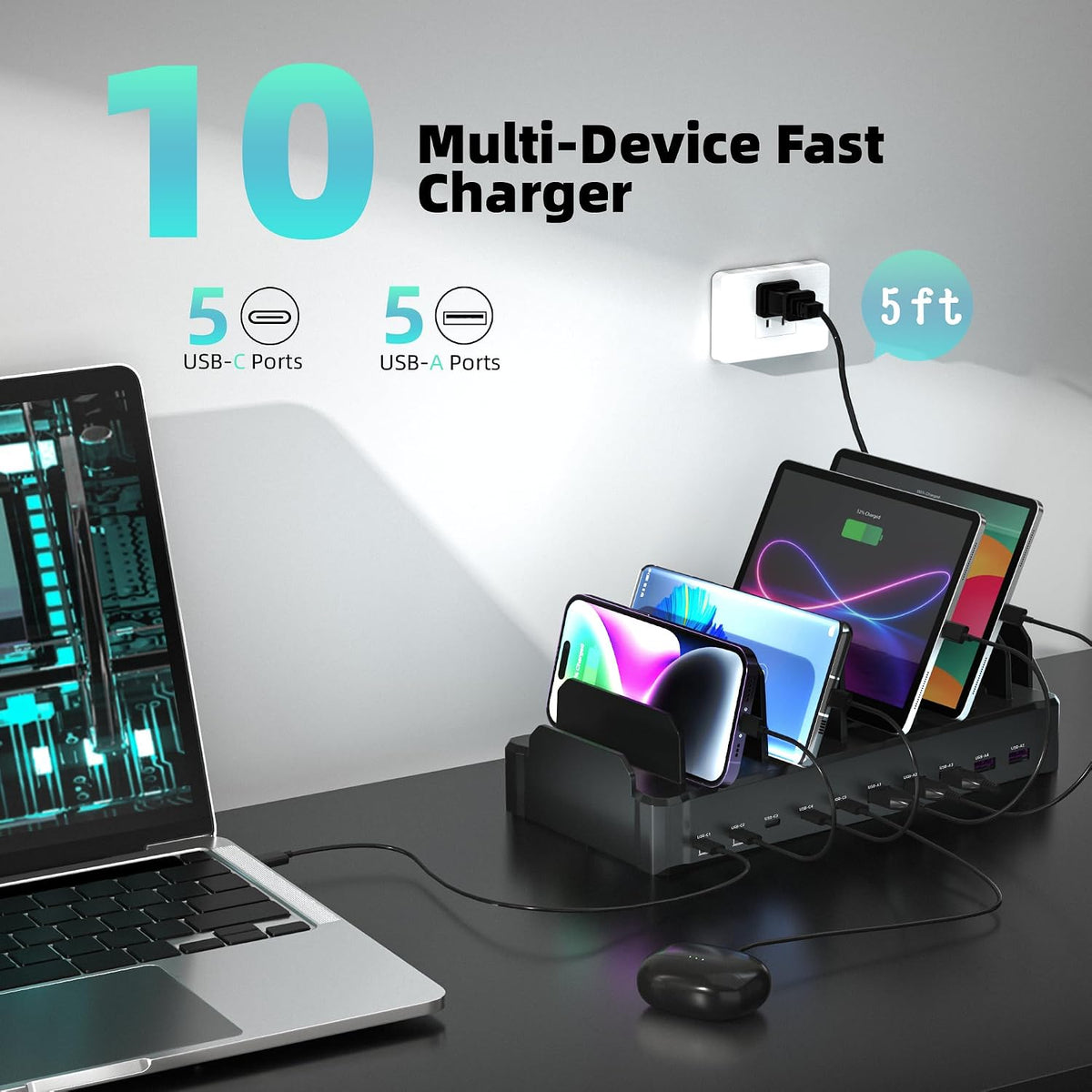 Zobirez 420W 10-Port Fast USB Charging Station for Multiple Devices, Black