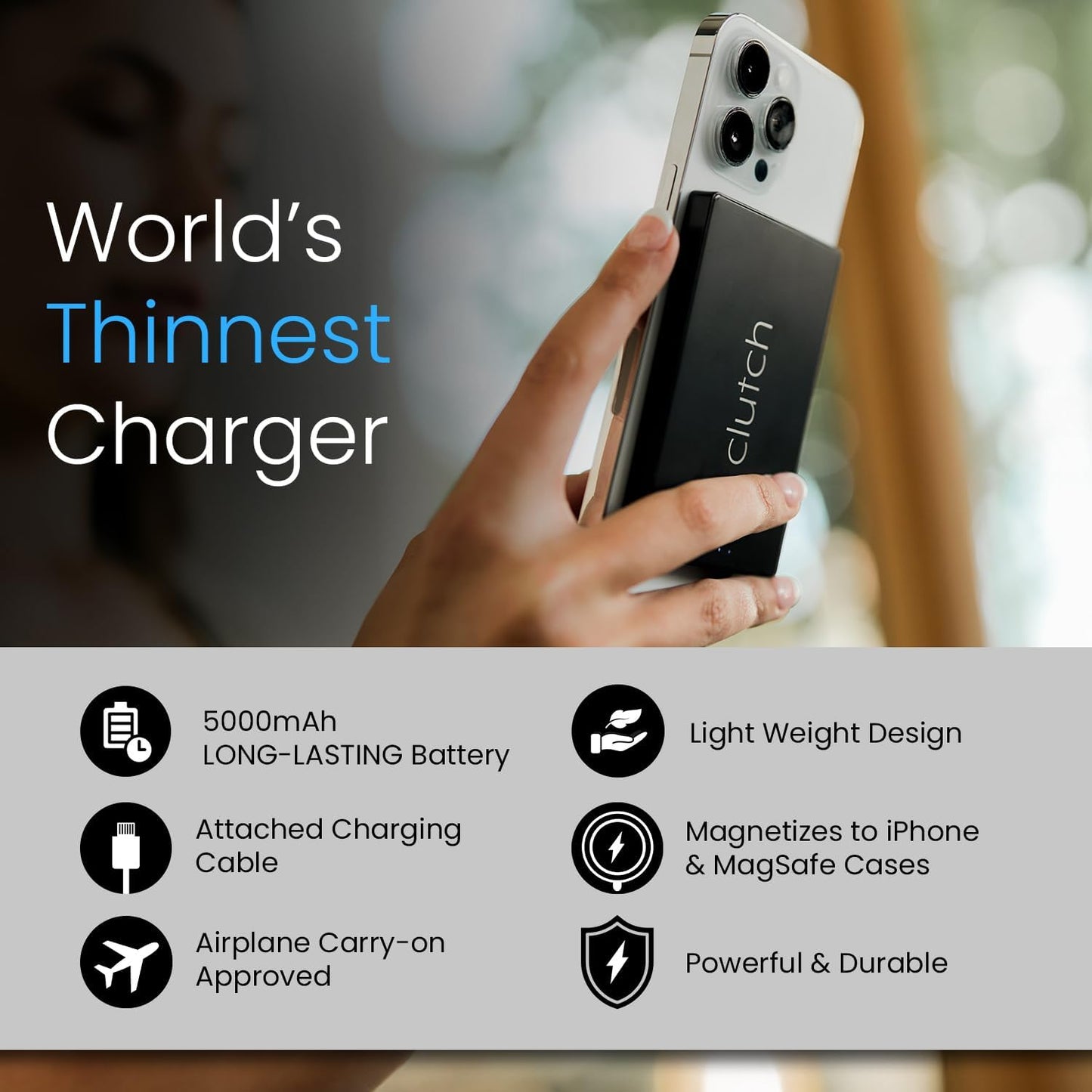 Clutch Pro – World's Thinnest Portable Charger – USB-C Power Bank 5000mAh – Magnetic Built-in Cable – TSA Approved Travel Charger – iPhone 15/16/17 & Android – Black