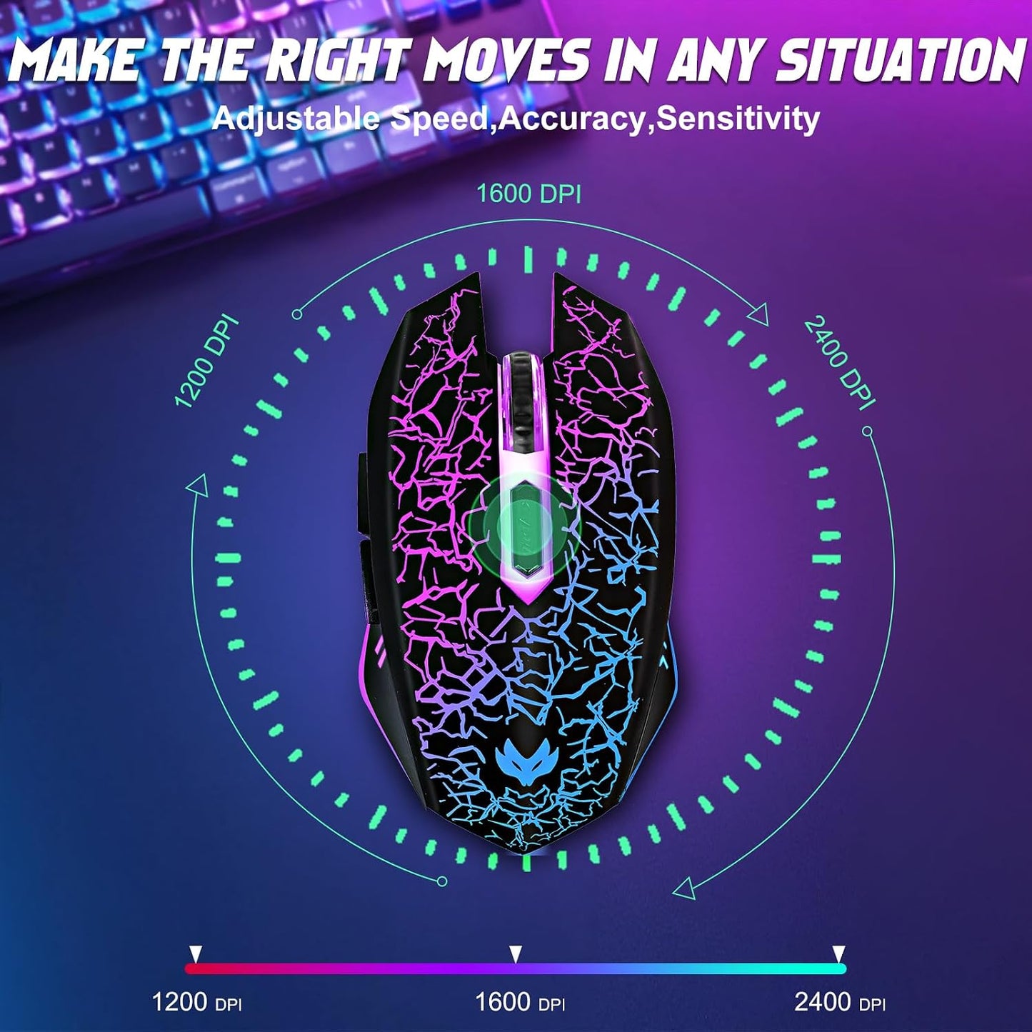 Wireless Gaming Mouse, Rechargeable Wireless Computer Mouse, 7-Color LED Light, Ergonomic Mouse with 6 Silent Click Buttons, 3 Adjustable 2400 DPI Wireless Mouse for Laptop,PC,Mac, Black