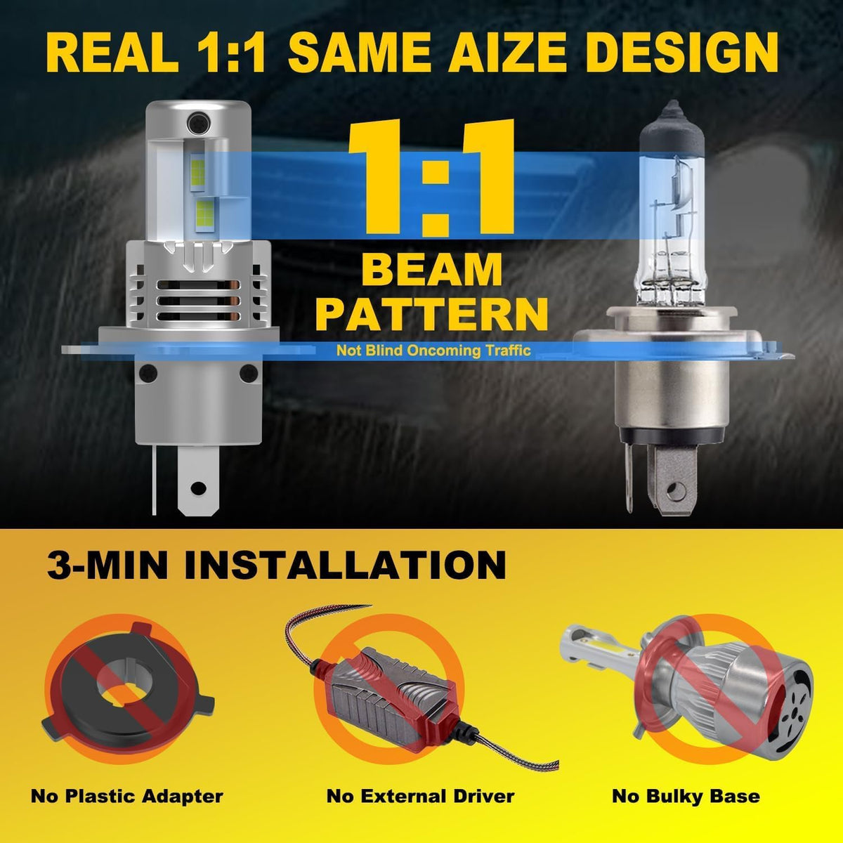 9003/H4 Light Bulbs Hi/Low 90000LM 1:1 Halogen Size,Plug and Play Pack Of 2