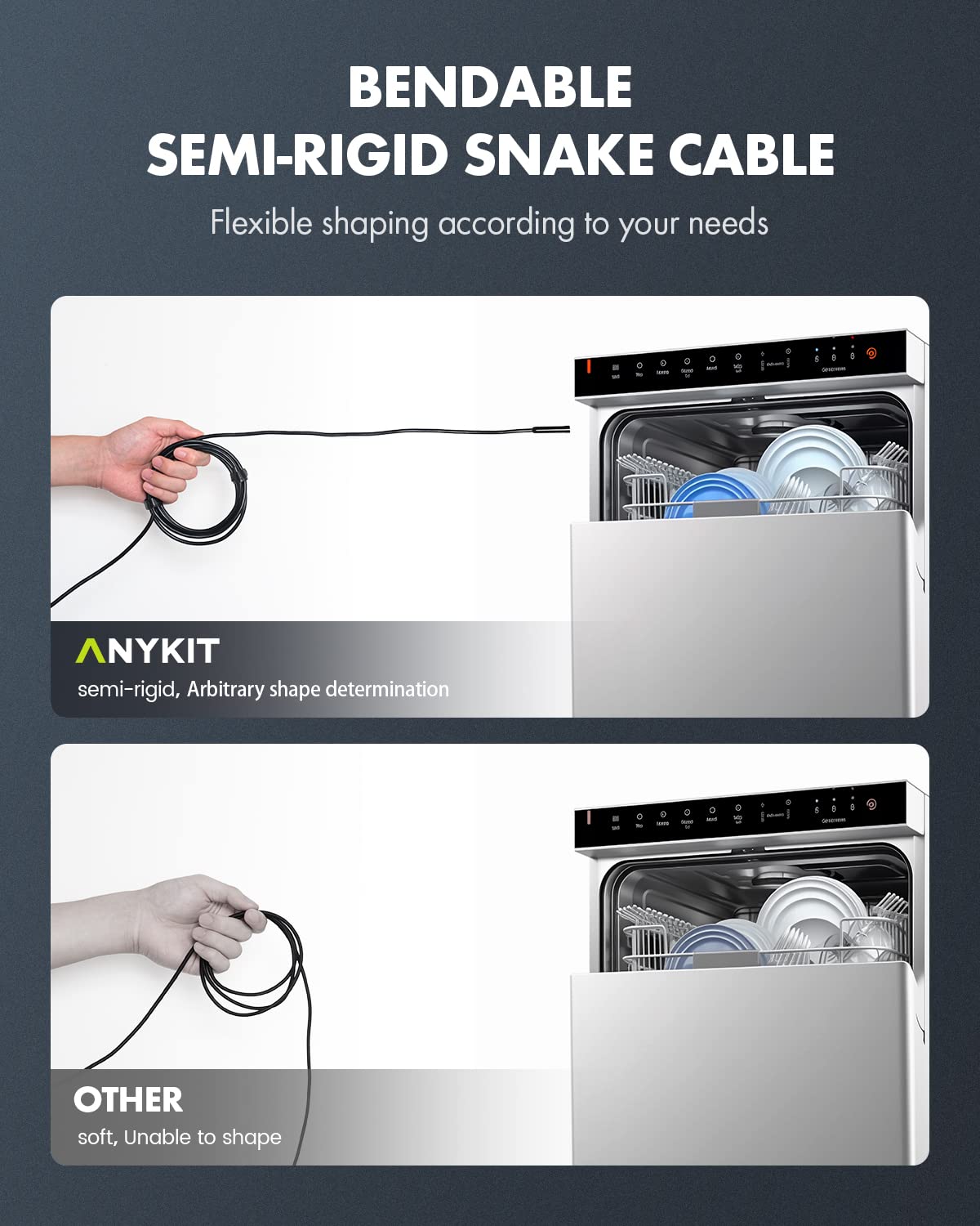 Anykit Endoscope Camera with Light, 1920P HD Borescope | with 8 Adjustable LED Lights,Semi-Rigid Snake Camera, IP67 Waterproof Inspection Cam for iPhone & Android, 9.8 ft Single Lens
