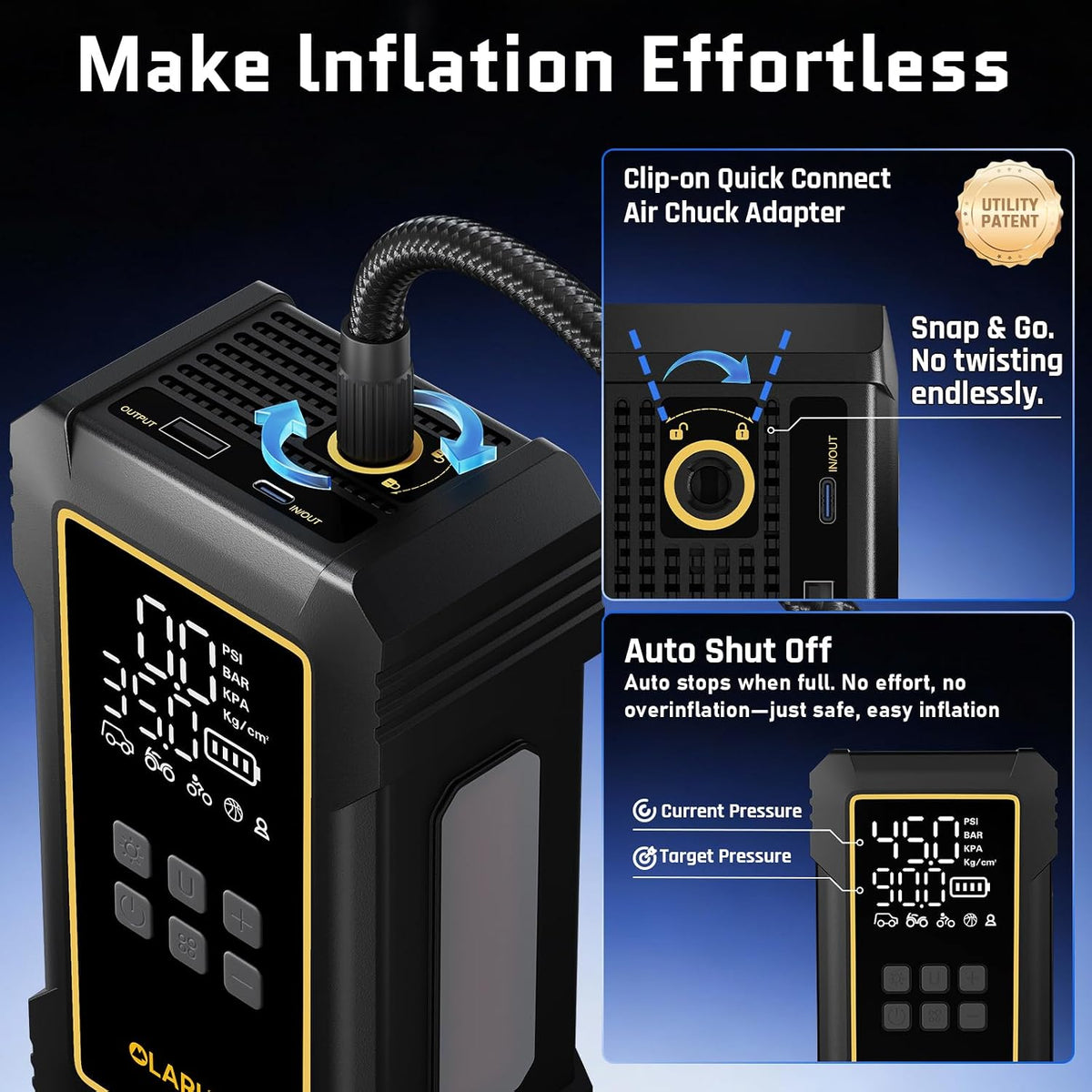 OlarHike 12000mAh Heavy Duty Tire Inflator Portable Air Compressor | Powerful, 7X Faster, 150PSI, Dual Power 12V&Cordless, For Car Tires, Pickup Trucks, Jeeps, SUVs & RVs, Digital Pressure Gauge