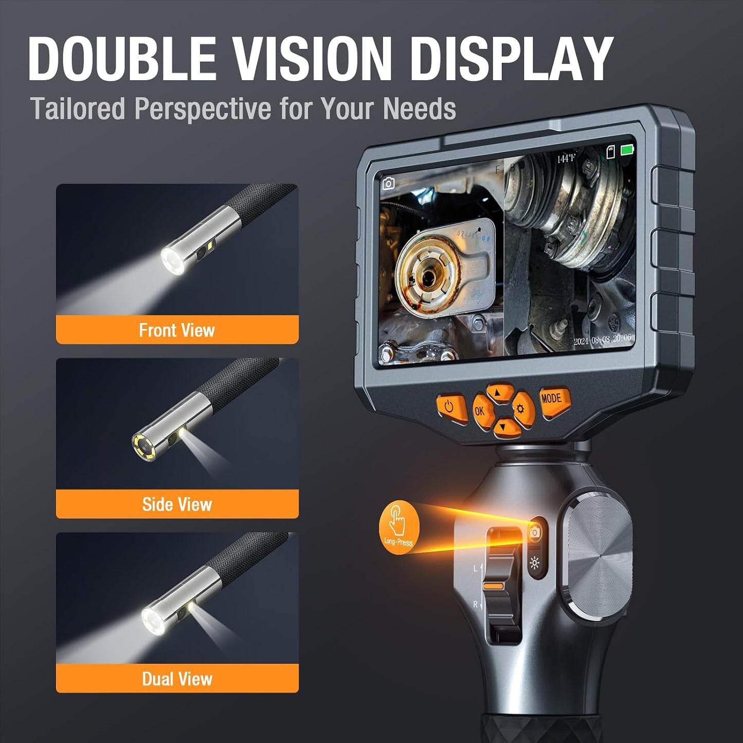 Teslong TD500 6.5mm Articulating Borescope with Dual Lens Endoscope | Mechanic Automotive HVAC Wall Inspection Tool, 5" IPS Screen, 6+1 LED Lights, 1.0MP HD, 32GB, IP67 Waterproof, Carrying Case
