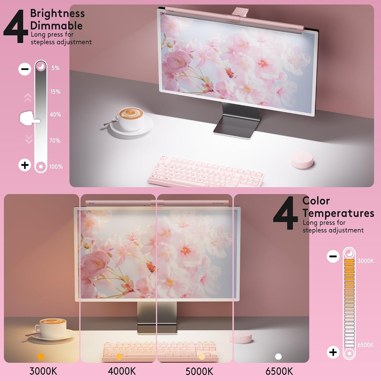 Quntis 20" Pink RGB Monitor Light Bar, 15 Gaming Backlight Modes, Eye-Care No Glare, Adjustable Frontlight Brightness & Color Temperature Remote Control, Modern Aesthetic USB Reading Monitor Lamp