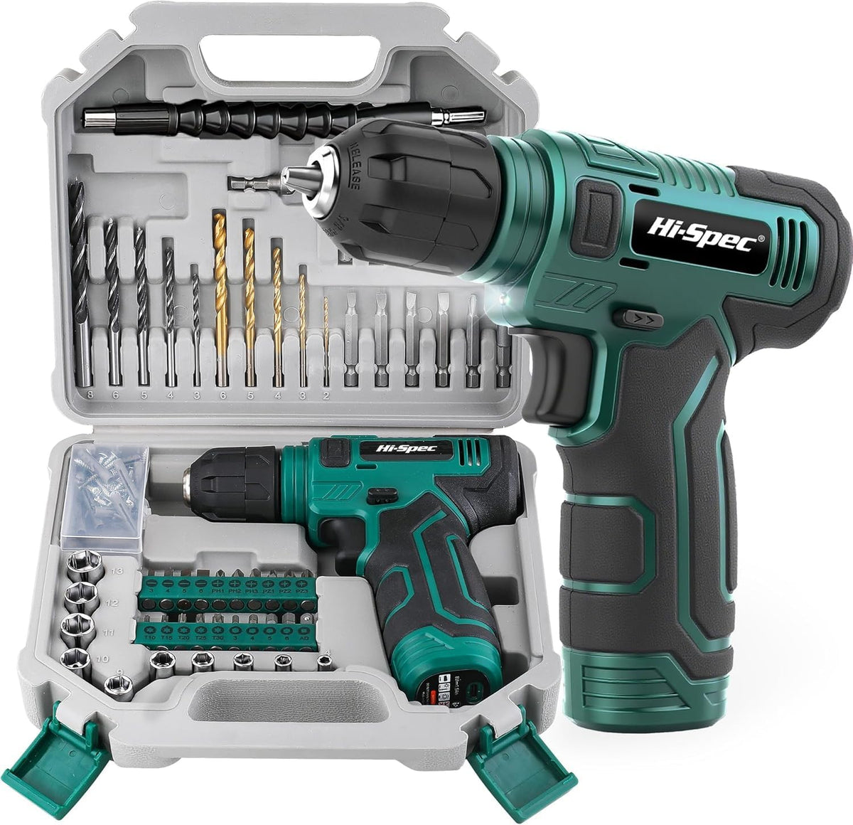 Hi-Spec 8V USB Power Drill Driver Bit Set with Hanging Kit for DIY, Green | faster bit changes, labeled storage, cleaner drilling and driving, portable case, workshop-ready layout, organized storage
