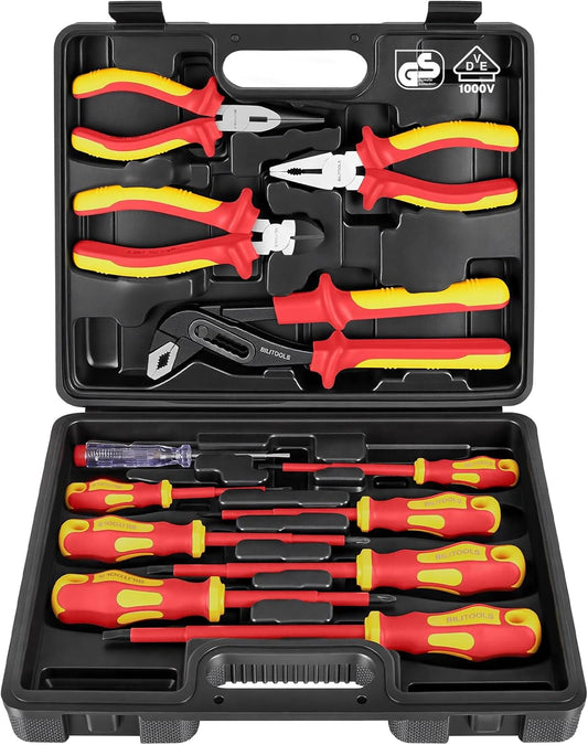 BILITOOLS 12-Piece 1000V VDE Insulated Screwdriver and Pliers Set | Magnetic Slotted and Phillips Tips, Insulated Long Nose, Combination, Diagonal and Water Pump Pliers, Voltage Tester