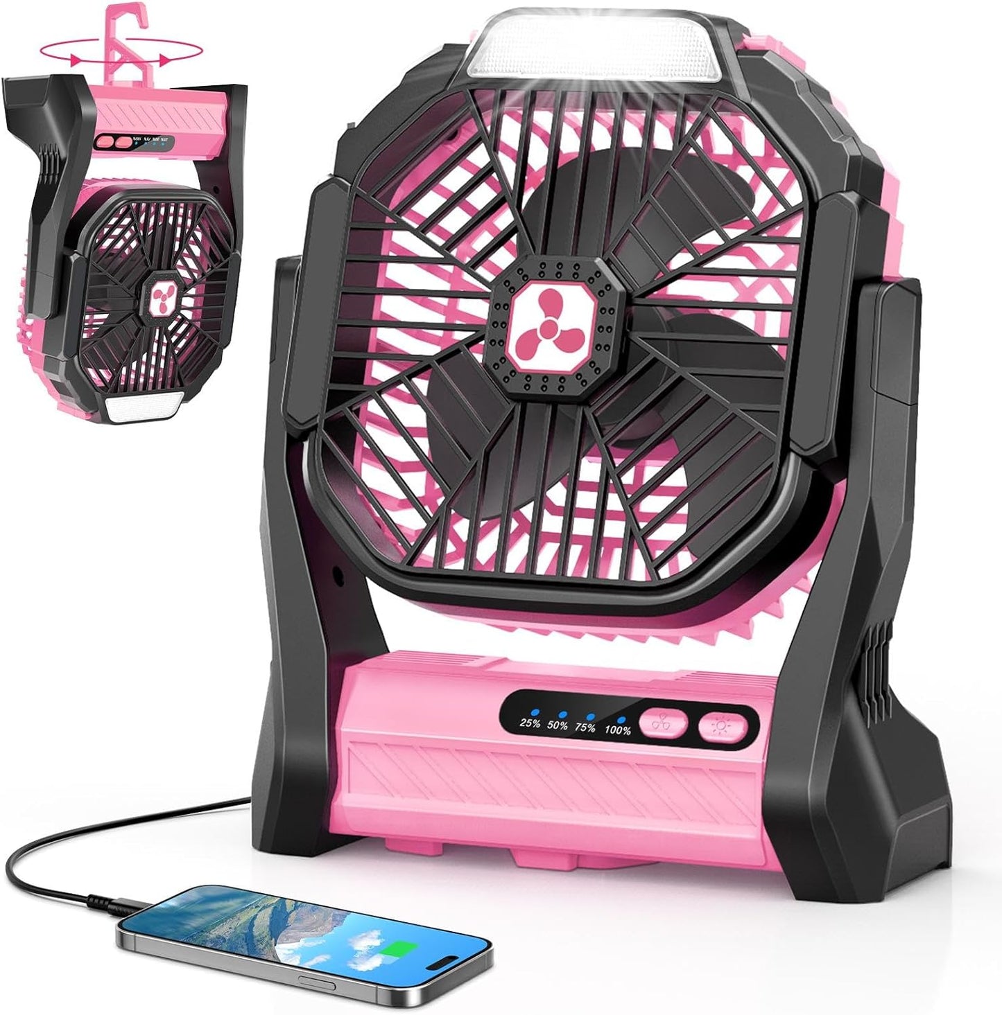 Peouix Portable Rechargeable Fan, 20000mAh Cordless Battery Powered Camping Tent Fans with LED Lantern, Operated Outdoor Ventiladores for Travel Camp Fishing Office Home Essentials | Pink