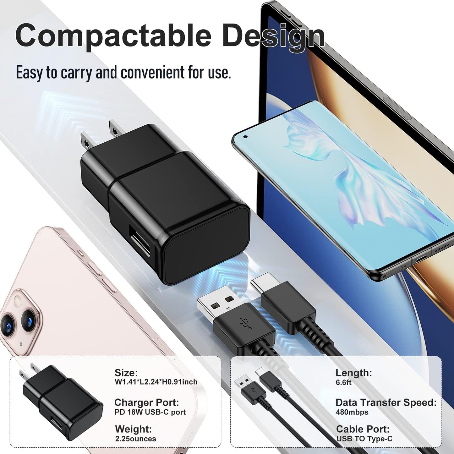 Samsung Galaxy S10/S9/S8 2 Pack Adaptive Charger with USB-C Cable 6FT Black | USB Type-C fast charging cables for Galaxy S10e/S20/S21/Note 8/9/10/20/A70/A50/A51/A52/A42/A32/A13/A12 Ultra Plus, 6FT Black