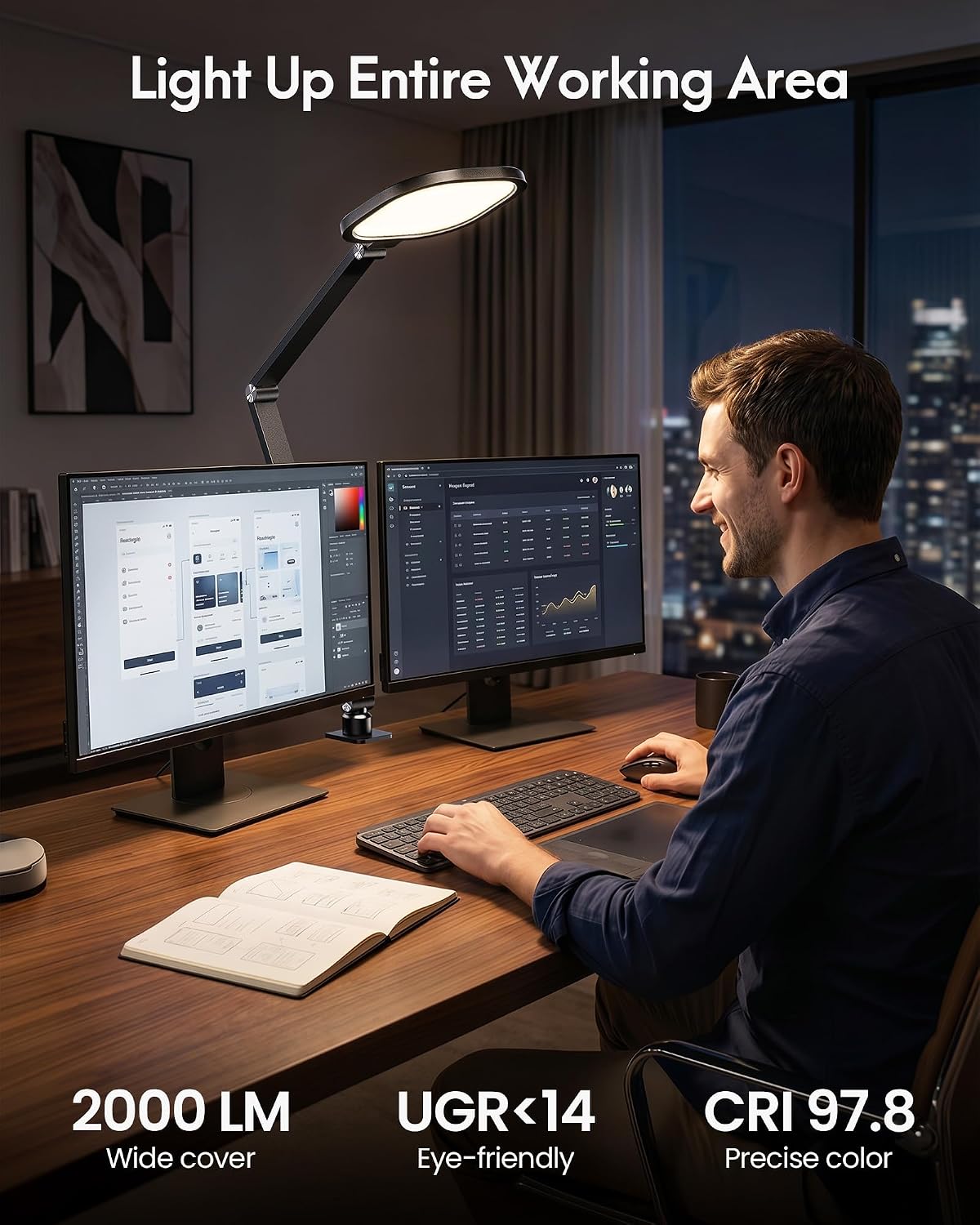 LitONES LED Desk Lamp for Home Office with Clamp and Remote | Professional Eye-Caring Lighting, 30 Modes, Memory, For Zoom Meeting, Streaming, Recording, Video Call, 2000LM, CRI 97.8