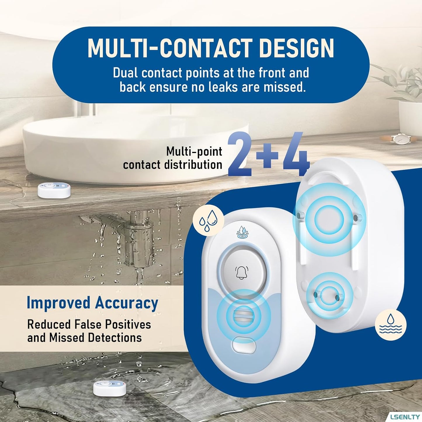 LSENTLY Water Leak Detector Supports 5 Years Standby Time, LED Indicator & 100dB Leak Alarm & Low Battery Reminder Water Alarm, IP66 Waterproof for Home Tub Sinks Washer (Cannot Connect Wi-Fi)