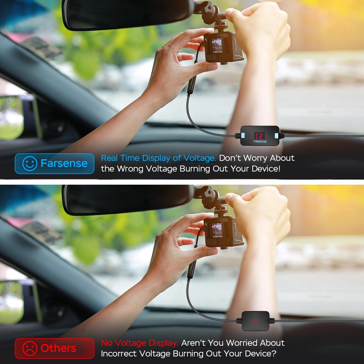 FARSENSE USB A to 12V Cigarette Lighter Adapter(36W)-USB C Male to Cigarette Lighter Female Socket PD Trigger Cable(2FT) with Switching Voltage and Display Voltage,for Dash Cam,GPS,Etc