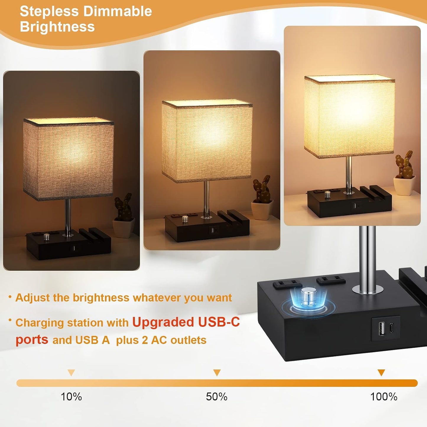 Bedside Table Lamp for Bedroom Nightstand - Stepless Dimmable, 2 AC Outlets | Dimming By Rotary Knob, USB C+A Ports, 2 Phone Stands, LED Bulbs Included, Rectangle Grey Fabric Shade, for Living Room, Desk