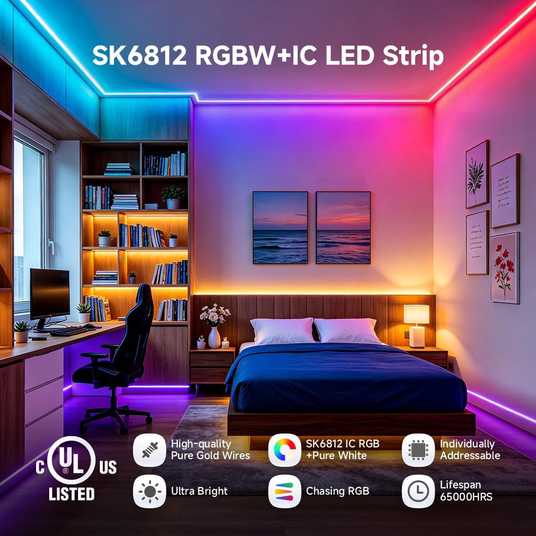 BTF-LIGHTING RGBW RGB+Natural White SK6812 (Similar WS2812B) 4 Colors in 1 LED Strip Individually Addressable 16.4ft 60Pixel/m 300LED UL Listed IP30 DC5V White PCB (No Adapter or Controller)