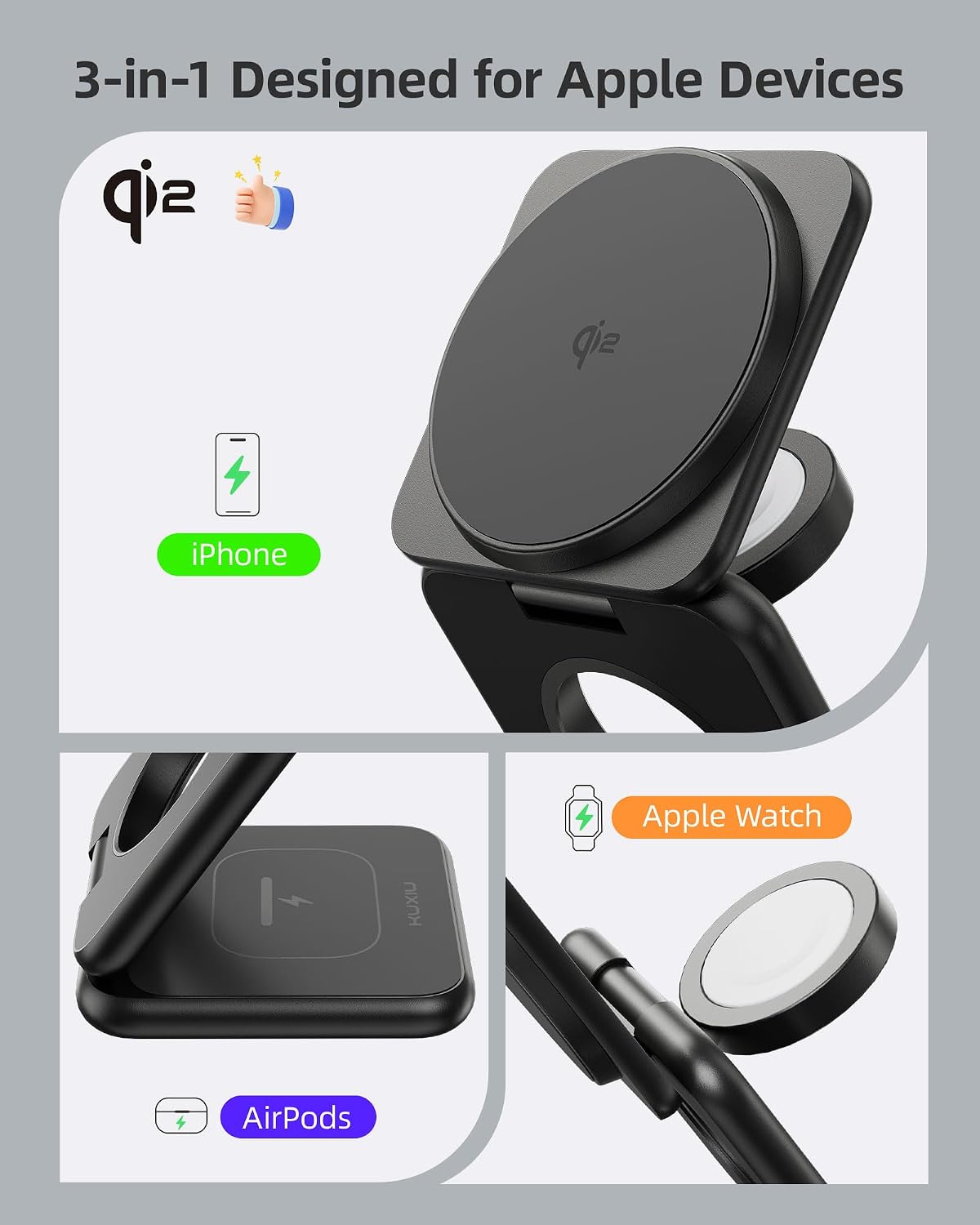 KUXIU Qi2-Certified 15W 3 in 1 Magnetic Wireless Charging Station for Apple
