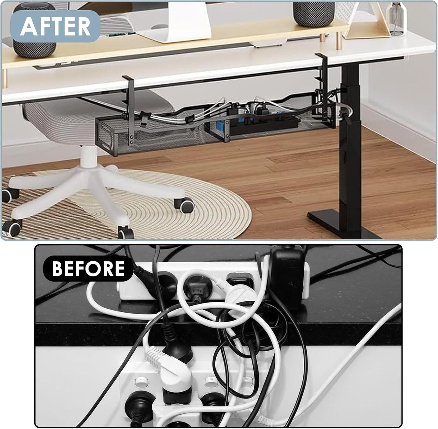 Cable Management, 25'' Cable Management Under Desk, Cable Tray | No Drill Under Desk Cable Management Tray, Cord Organizer with Clamp for Standing Desk, Desk Organizer for Home Office