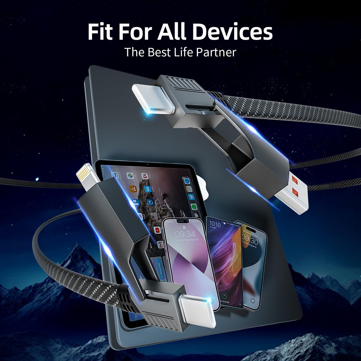 4 in 1 Multi Charging Cable Fast Charging 65W, USB C Cable with E-Mark Chip | Multiple iPhone Charger Cord for iPhone 17-12/Pad/Android/Tablets and More, Carplay Cable, Travel Essentials - 4FT