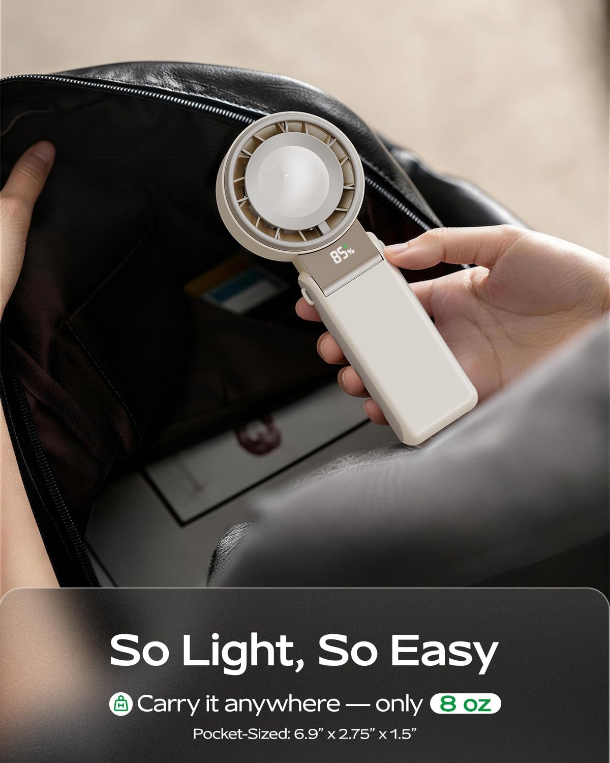 SHEWIND Portable Handheld Mini Fan -5 Speeds, 20H Max, LED Display - Cream | Foldable Mini Fan; Neck & Desktop Use; 4000mAh Rechargeable Battery; Travel Turbo Fan