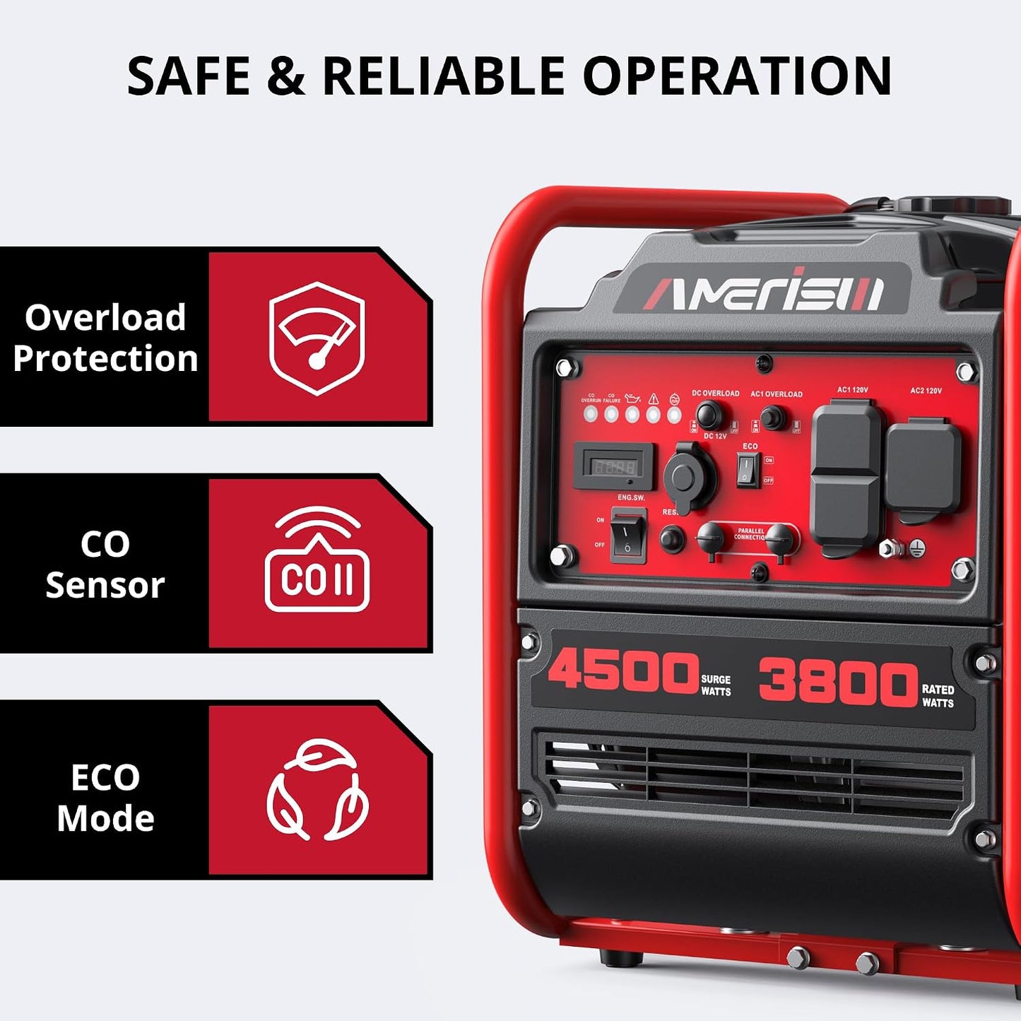 AMERISUN 4500W Open Frame Gas Inverter Generator, CO Alert, 30A RV Outlet | Parallel Ready & Eco Mode, Lightweight Portable Generator For RV Trips, Camping, Jobsites And Home Emergency Backup