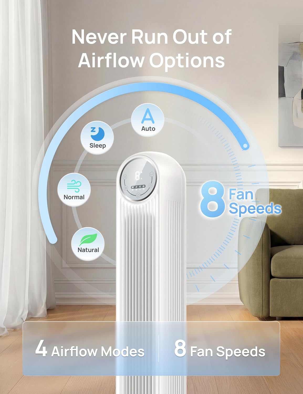 DREO Smart Tower Fan for Bedroom, 28ft/s, 20dB Ultra Quiet Fan, 8 Speeds | 2026 Upgraded DC Motor, 90° Oscillating Floor Fan, WiFi Voice Control, 4 Modes 8H Timer, Bladeless Standing Fans with Remote