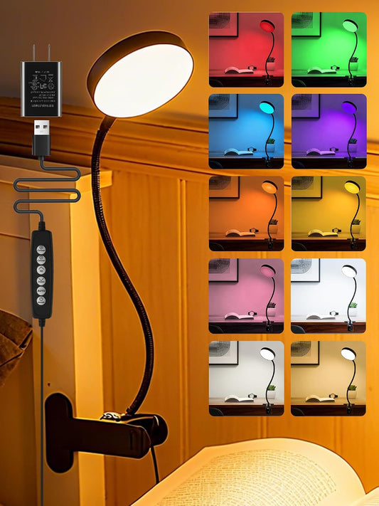 Clip on Light,10 RGB Colors+10 Brightness Small Desk Lamp with Clamp Light | 500 lm Bright 72 LED Desk Light, USB Adapter Reading Lights for Books in Bed/Headboard/Bedside Table/Bedroom/Dorm/Home Office