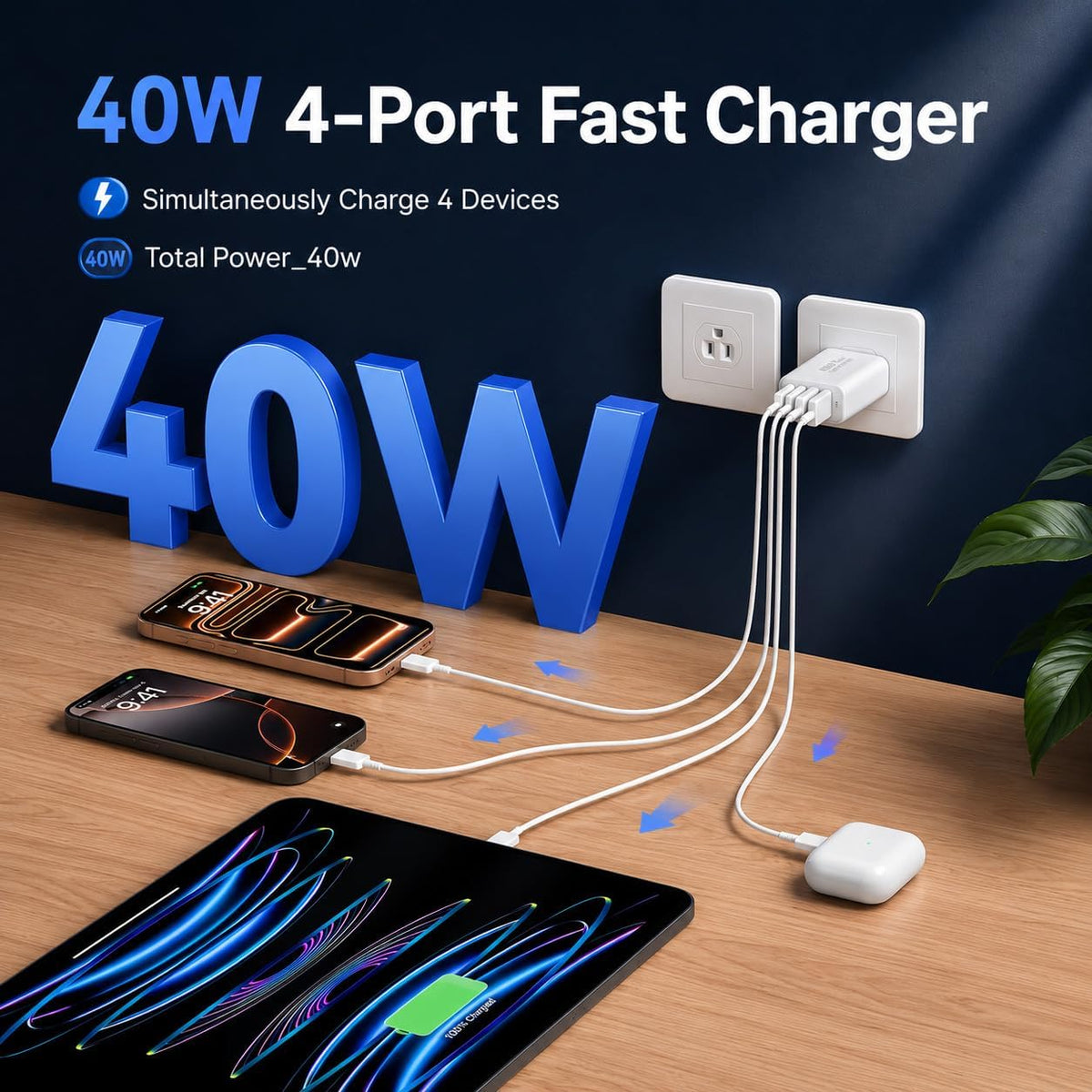 USB C Wall Fast Charger Block, 40W 4-Port Type C Charger Fast Charging Blocks PD Power Charger Adapter+QC 3.0 USB Multiport Charger Brick for iPhone 17/16/15/14/13/12 Pro Max, iPad, Galaxy S25-2Pack