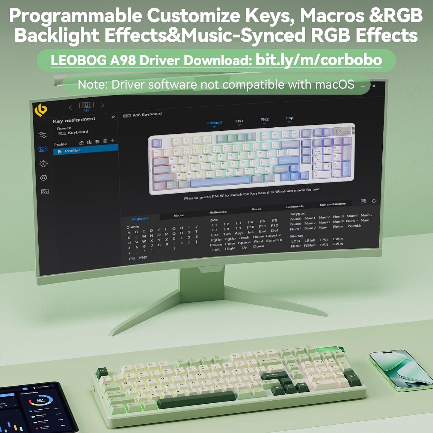 CORBOBO LEOBOG A98-96% Mechanical Keyboard Wireless, Tri-Mode BT5.0/2.4GHz/USB-C, Creamy Keyboard with Number Pad, Gasket Structure Hot Swappable, RGB Backlit Green Gaming Keyboards with Knob for PC