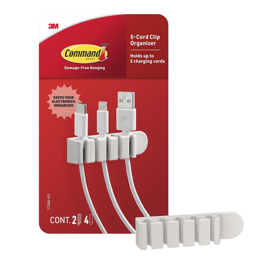 Command 5-Cord Clip Organizer, 4 Clips and 8 Medium Strips, White, 1 Clip Holds up to 5 Charding Cords, Great for Damage-Free Electronics Organization Under Desk or Wall Mount