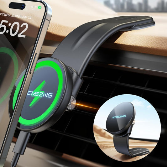 ACMEZING 15W Only for iPhone MagSafe Car Mount Charger, 360% Adjustable | Aluminum Alloy Arm, Relocatable Car Phone Holder, Magnetic Wireless Fast Charging, Cell Phone Holder for All Cars, Black