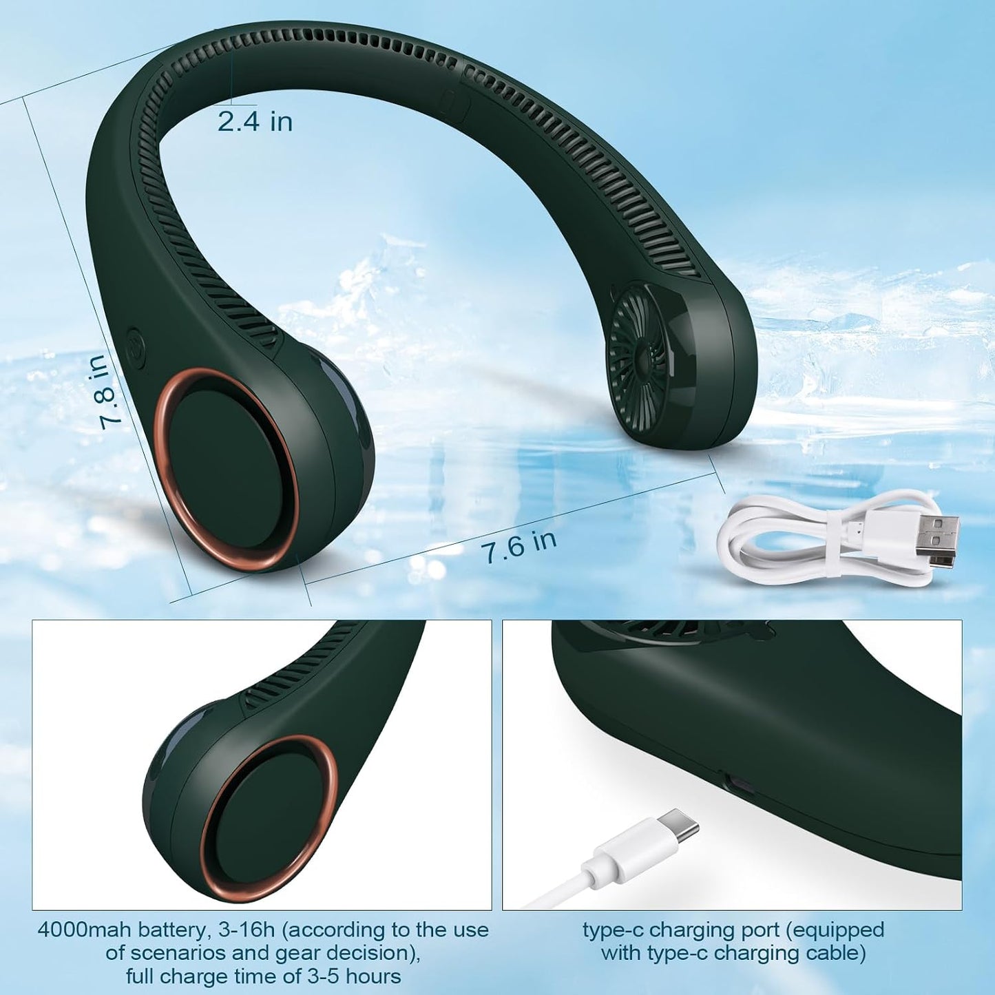 CIVPOWER Neck Fan: Portable Personal Neck Cooling Rechargeable Bladeless Fan - Hands Free 3 Speed 4000 mAh Battery USB Operated Wearable Headphone Design - Gift for Men Women Outdoor (Dark Green)