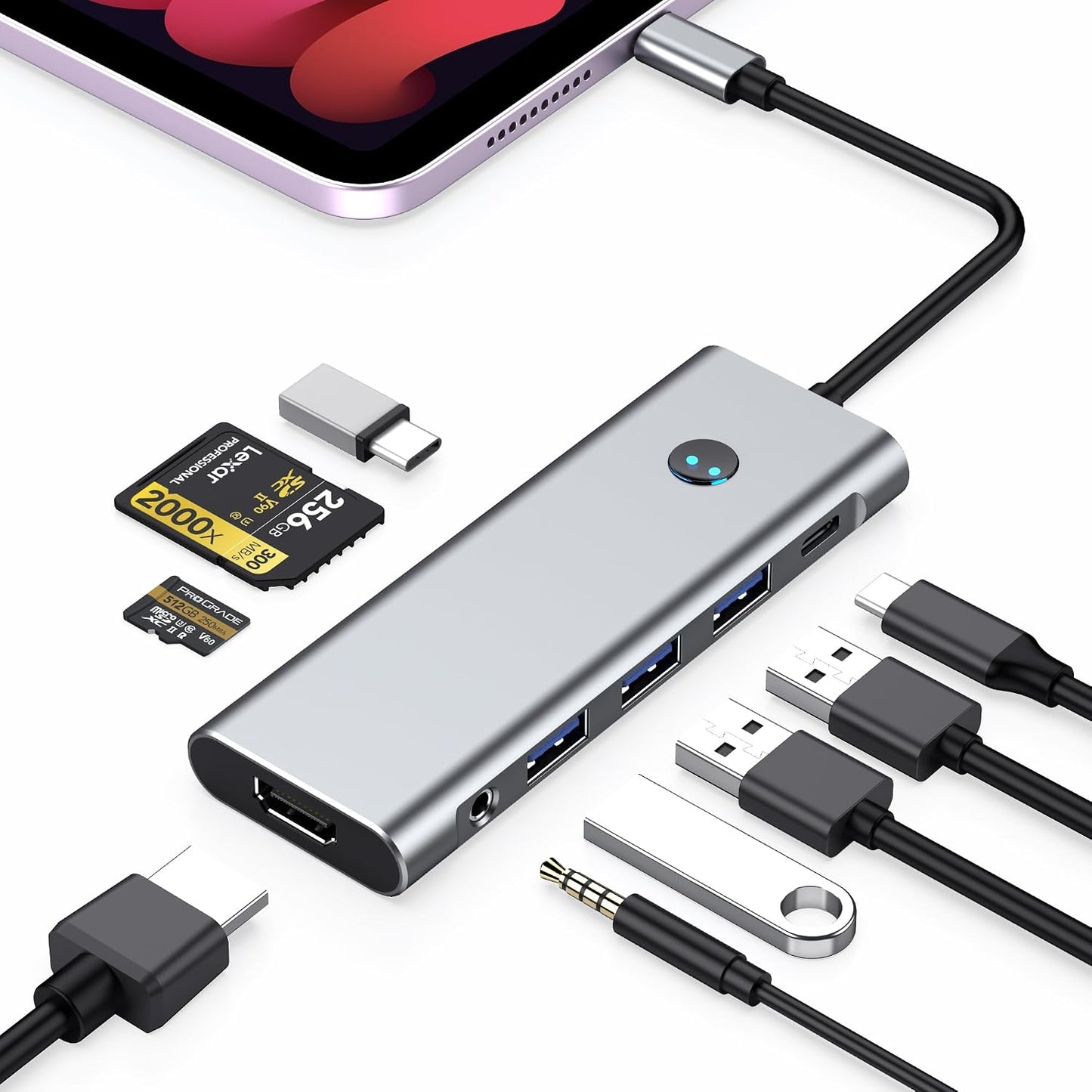USB C HUB for iPad Pro Adapter Multiport Docking Station 4K 60Hz HDMI, 100W PD, SD/TF Card Reader, 3 USB A, 3.5mm Audio Jack, 9 in 1 USB C Dock for iPad Air/Galaxy Dex/Tablet/MacBook/iPhone/HP/Dell