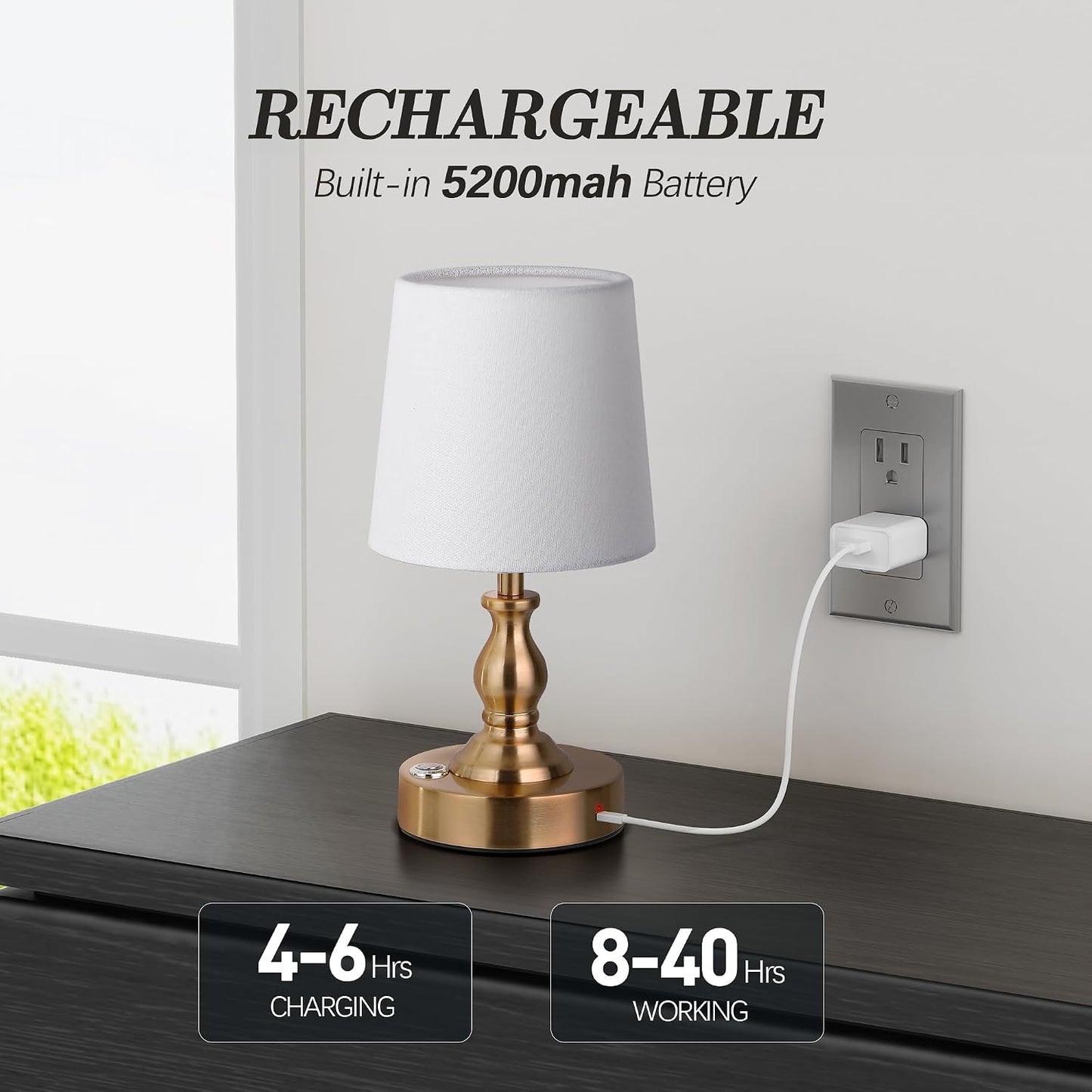 Mini Cordless LED Table Lamp, 5200mAh Rechargeable Battery Operated Lamp, 3-Level Brightness, Touch Dimmable Desk Lamp, Bedside Night Light for Patio Camping Restaurant Home, Antique Brass