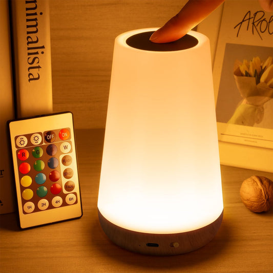 Auxmir Rechargeable Night Light, 13-Color Remote Control Lamp, Dark Brown | touch control, 13 colors, 5 brightness levels, 4 lighting modes, 1/2/4/6-hour auto-off, portable for nursery and camping