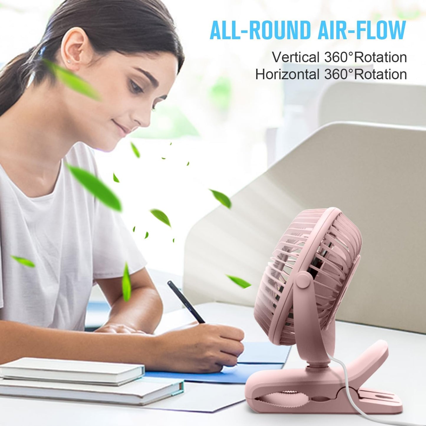 BESKAR USB Clip on Fan, Portable Small Desk Fan with Cord Powered | 3 Speeds Strong Airflow, Sturdy Clamp, Ultra Quiet Personal Cooling Fan for Office Dorm Bedroom Stroller