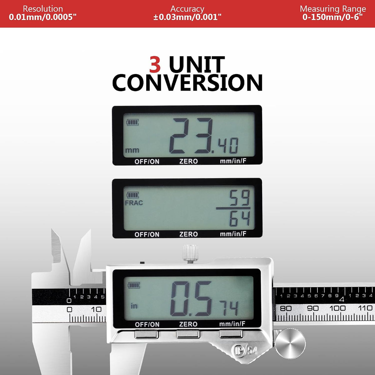Rechargeable Digital Caliper 6 Inch, Stainless Steel | Large LCD Display, Inch/mm/Fraction Conversion, Electronic Micrometer, Professional Vernier Measuring Tool