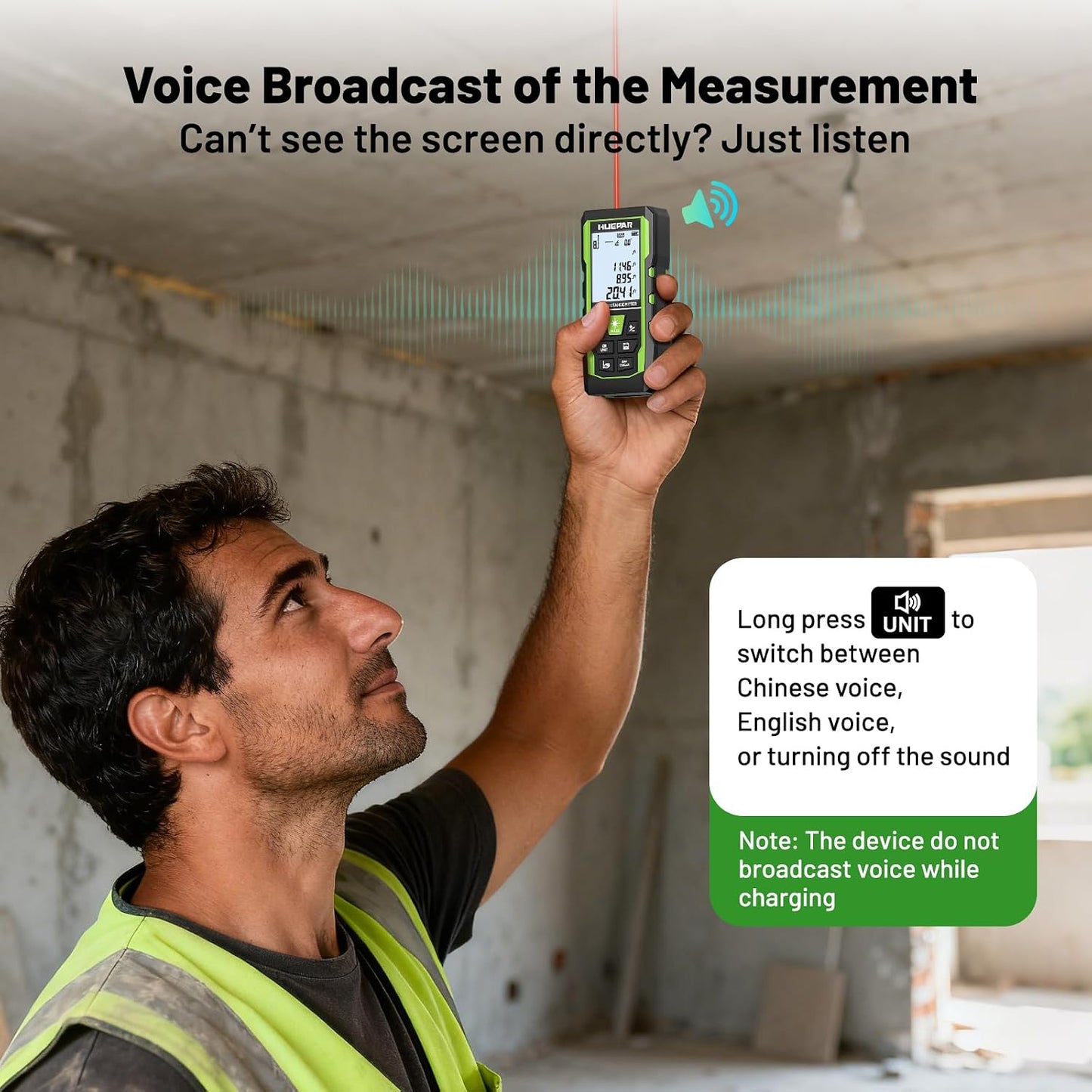 Laser Measuring Tool 3-in-1, Huepar 165 Ft Laser Measure & 33 Ft Green Cross Line Laser Level & 6.5 Ft Tape Measure, Rechargeable, Voice Broadcast, Multi-Mode, Rugged for Construction&Home Use, SW-T50