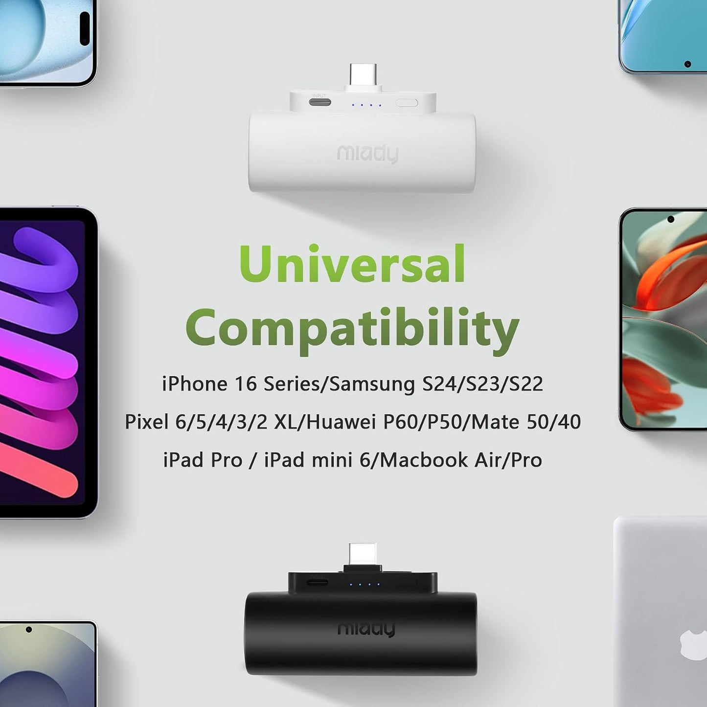 Miady 2-Pack Mini Portable Charger Built-in USB C Connector Small PowerBank | 5000mAh丨Lightweight丨for Backpack Travel丨Compatible with iPhone 17 Galaxy Android丨Ultra-Compact丨Flight-Safe丨18Wh丨White+White