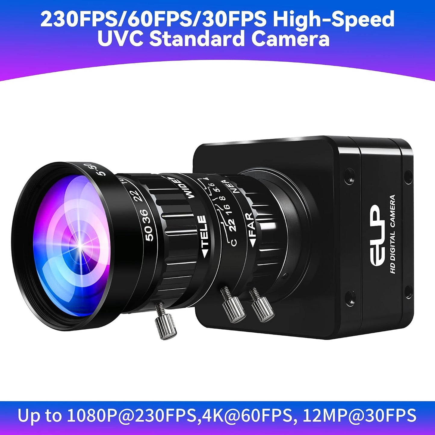 ELP High Speed USB Zoom Camera, 1080P/230fps, 4K/60fps, 12MP/30fps, USB3.0/2.0 Manual Focus Lightburn Cameras for Windows, Linux, Mac, Pi, Fast Frame 5-50mm 10X Zoom IMX577 Webcam for PC Jetson Nano