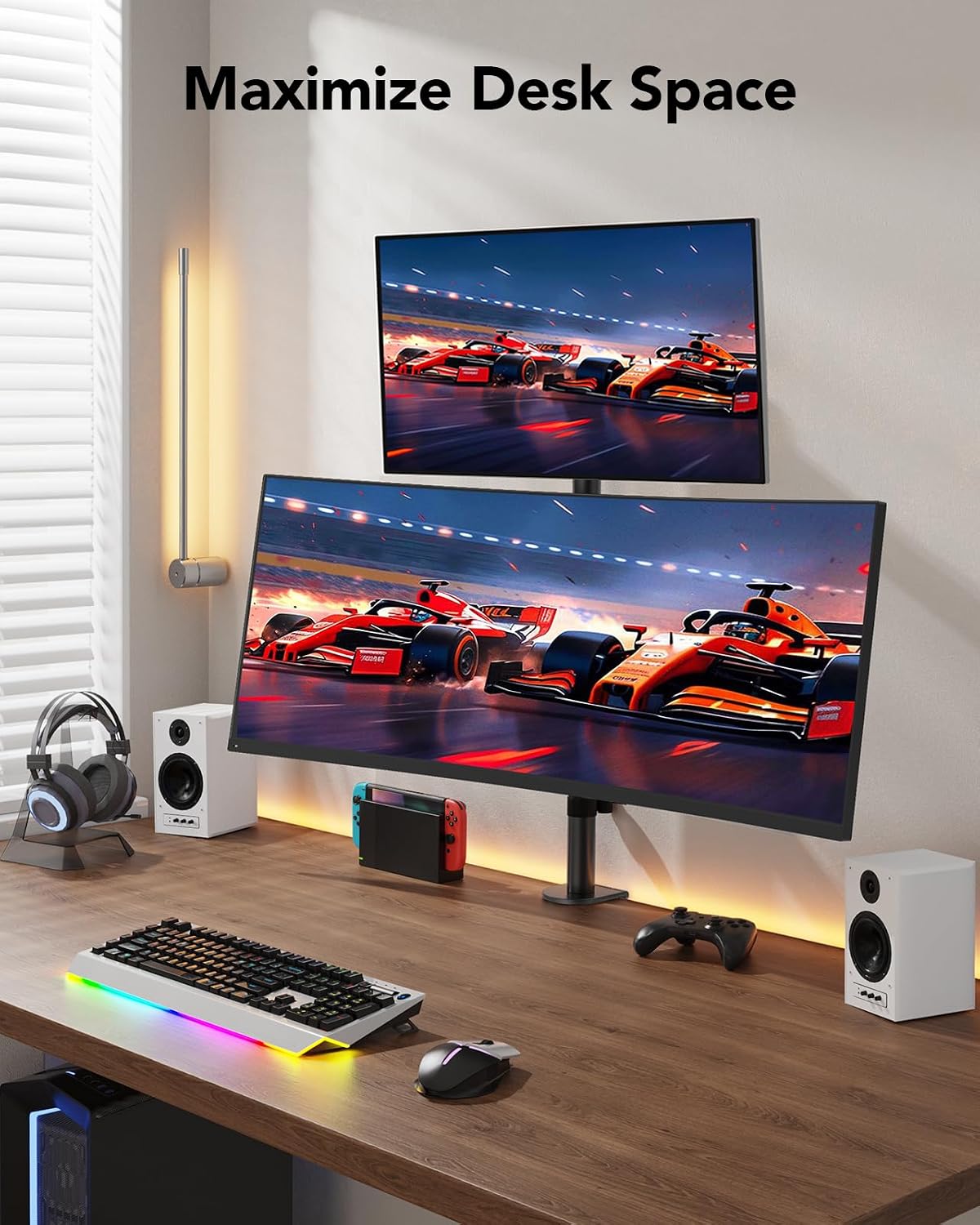 HUANUO Vertical Dual Monitor Mount, Stacked Monitor Stand for 2 Monitors with Height Adjustment Computer Monitor Arm Supports Two 17 to 32 Inch with C Clamp Each Desk Mount Hold up to 17.6lbs