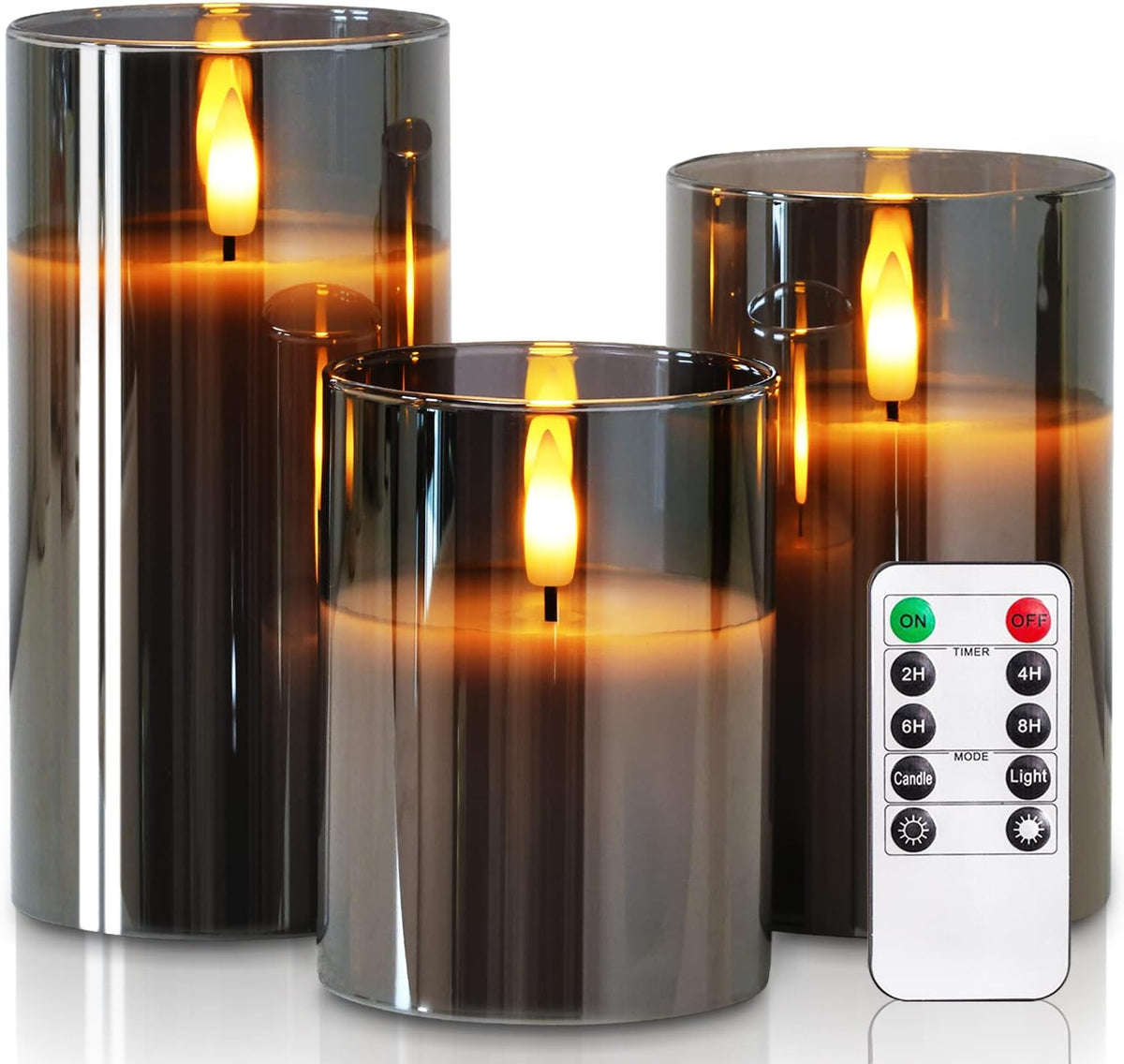 Homemory Grey Glass Flameless Candles, Real Wax, Remote Timer, 3 Pack | D3"xH4"5"6", battery operated flickering LED pillar c, les, Halloween centerpiece, mantel, dining table , home decor