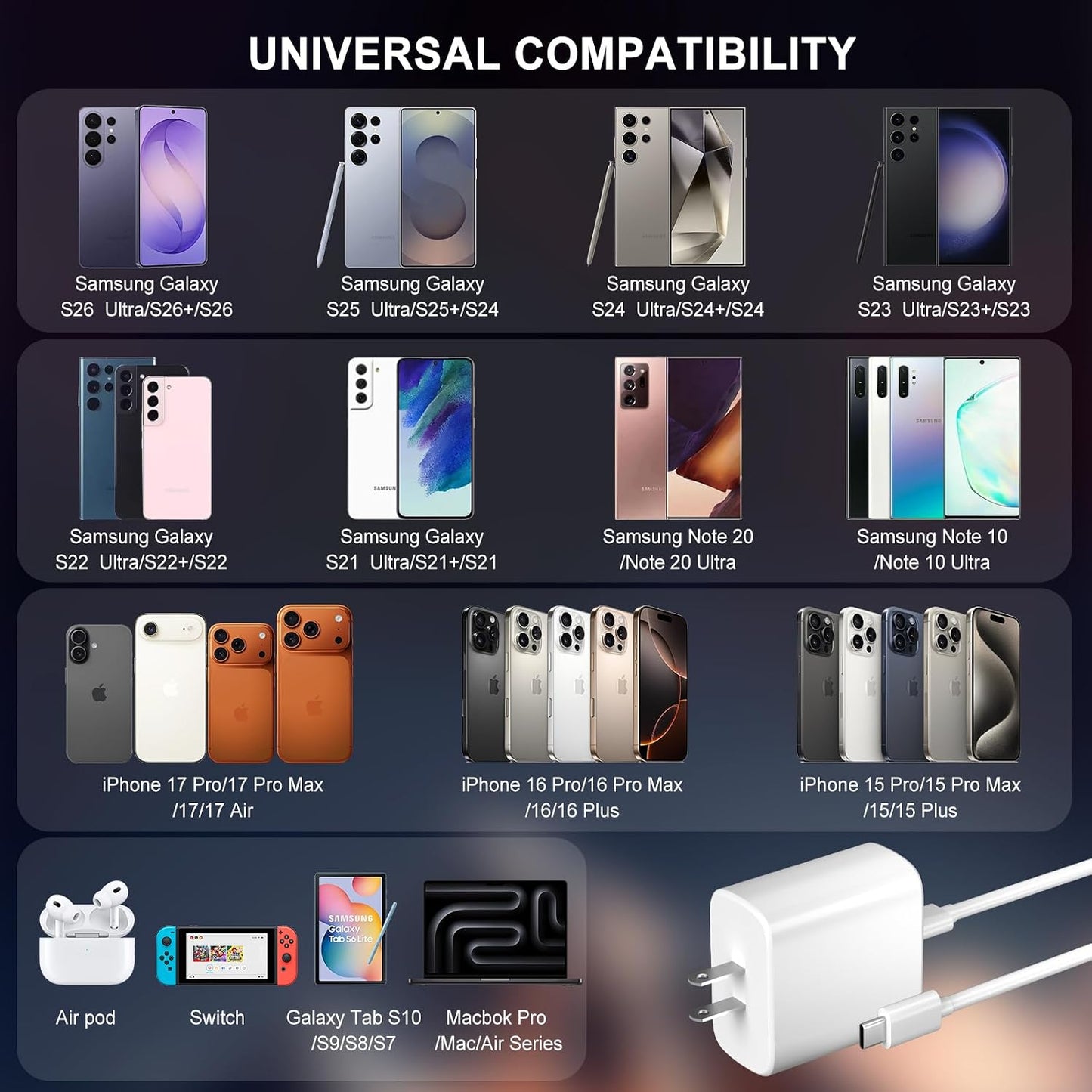60W Super Fast USB C Charger for Samsung,2Pack TypeC Android Phone PD Wall Charger Block,10FT Chargers Fast Charging USB-C Cord Compatible with Galaxy S26 Ultra/S26+/S26/S25 Ultra/S25+/S25/S24/S23/S22