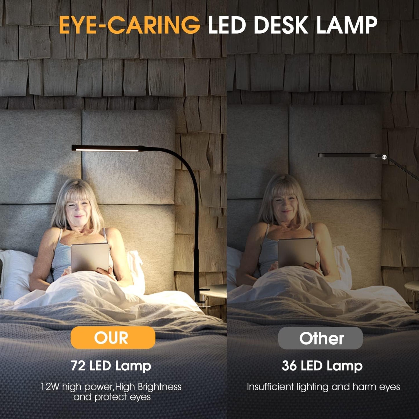 LED Desk Lamp with Clamp, Clip on Lights for Home Office, Black | 3 Modes 10 Brightness, Long Flexible Goose-Neck, Eye-Caring, Memory Function, Energy Efficient, USB Adapter, Metal