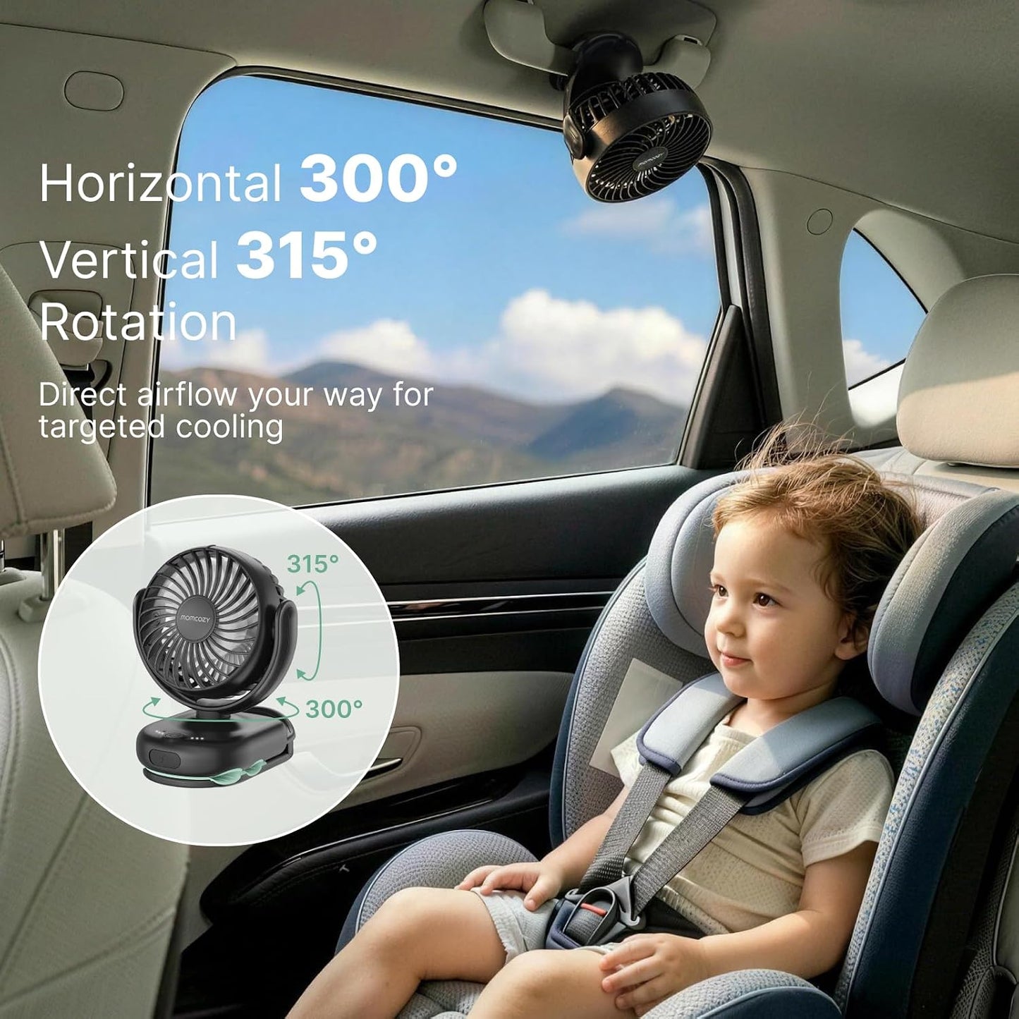 Momcozy Portable Stroller Fan with Clip, 4-Speed Mini Cooling Fan, 0.26 Lb | Ultra-Light Rechargeable Design, Gaps ≤ 4.5 mm, Rotating Handheld Cooling for Carriers, Backpacks and Tables