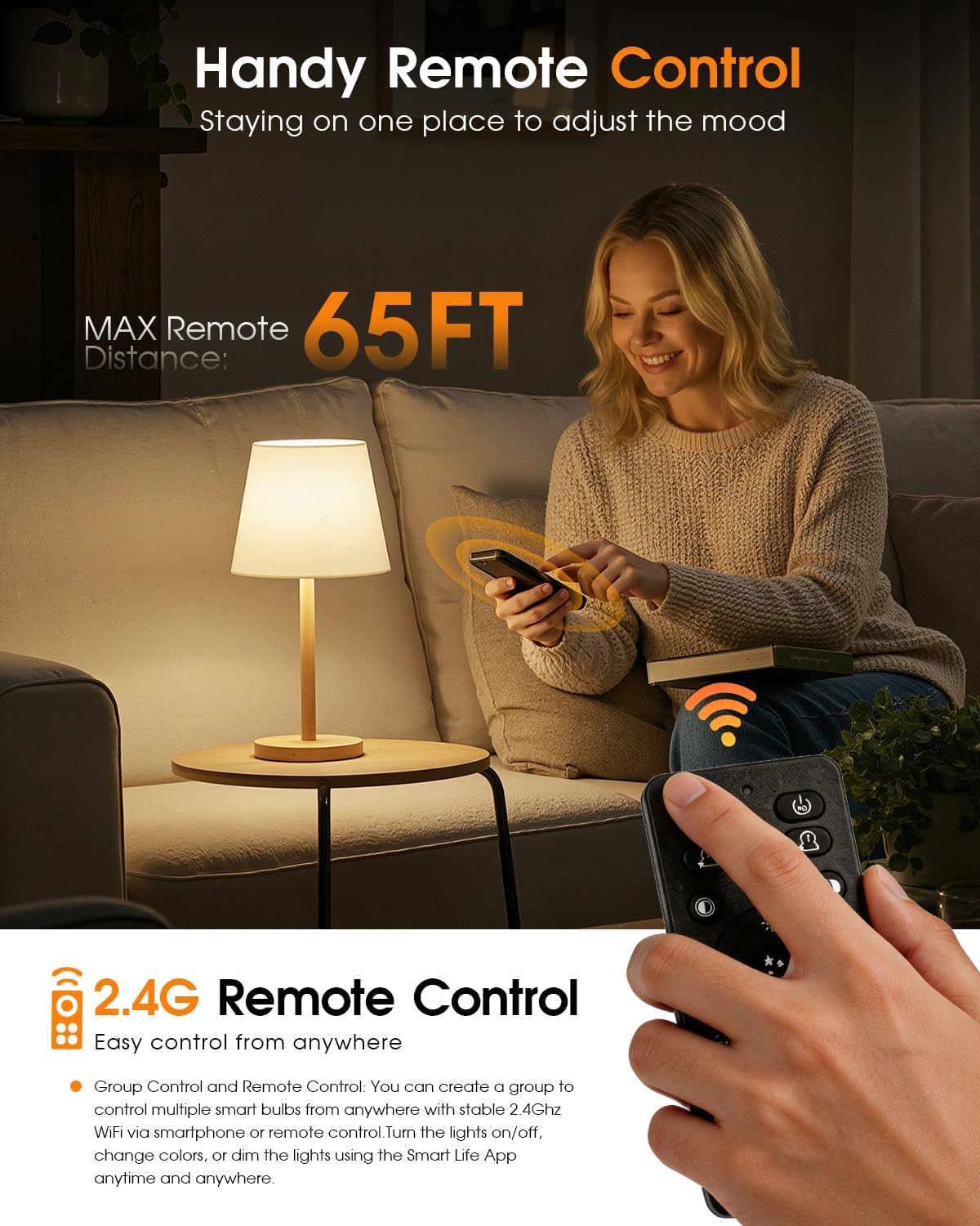 A19 Smart LED Light Bulb with App Control & Remote, Bluetooth, 3 Color Temperatures (3000K/4500K/6500K), 5%-100% Dimmable, 800LM 9W (60W Equivalent), E26 Base, No Hub Required