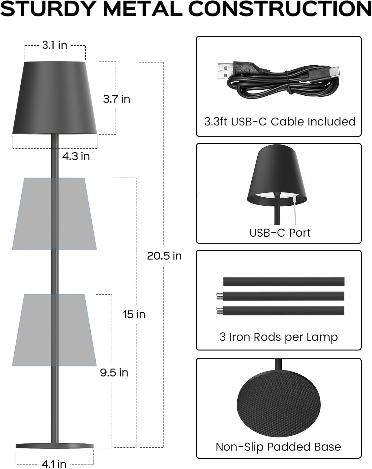 JACKYLED Cordless Table Lamps Rechargeable, 3 Adjustable Height, 5000 Capactiy Operated, 3 Colors Smooth Dimming, Portable LED Waterproof Table Lamp for Dining, Bedroom, Outdoor (2 Pack)