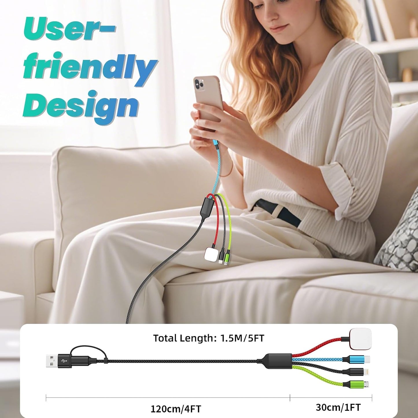 Multi Charging Cable with iWatch Charger, 2 Pack 5FT Travel Essentials | One Cable Charges Multiple Devices, Perfect for Travel, Cruises, Road Trips and Everyday Use while Reducing Cable Clutter