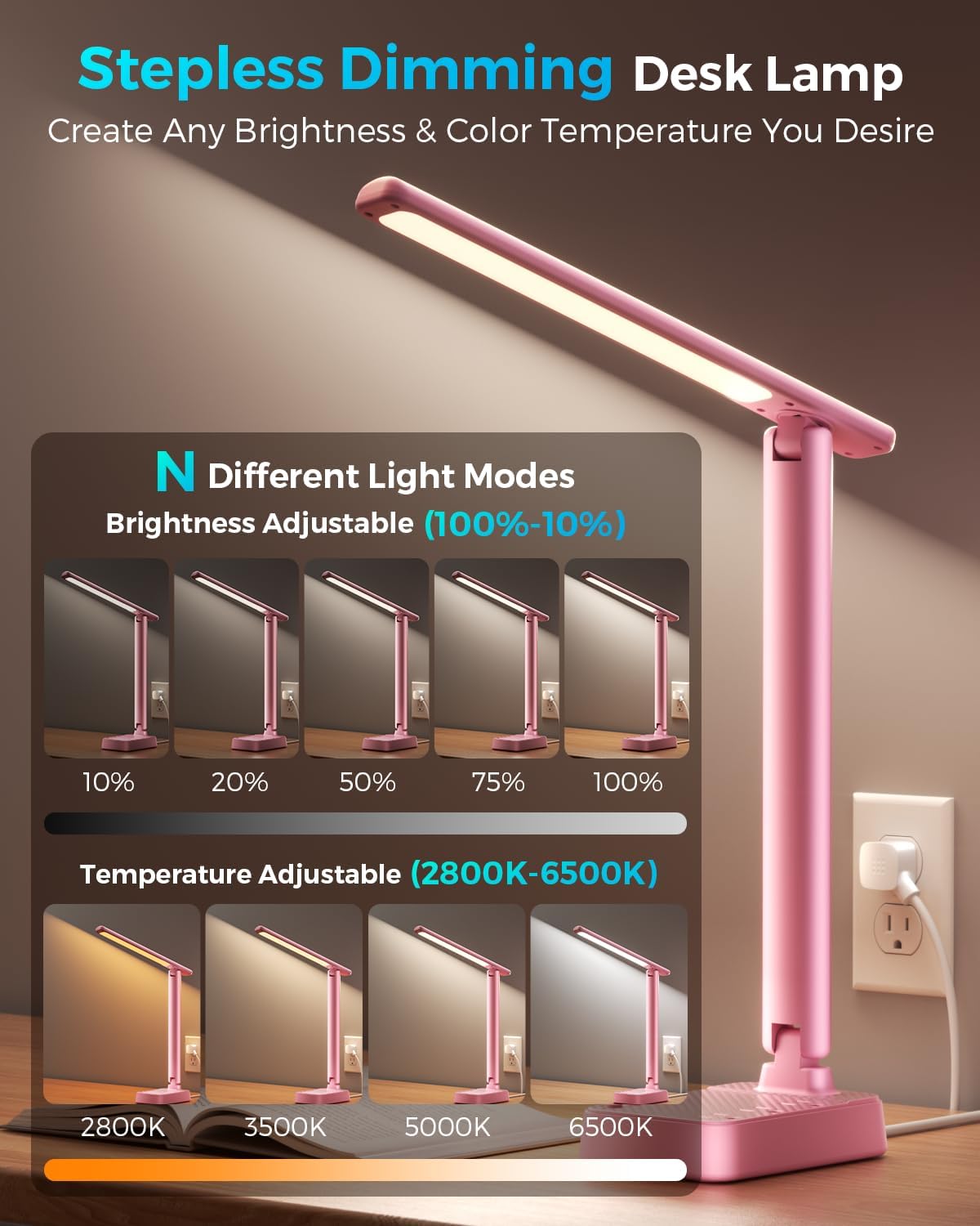 LED Desk Lamp with Power Strip, 3 AC Outlets, 4 USB Ports, Stepless Dimming