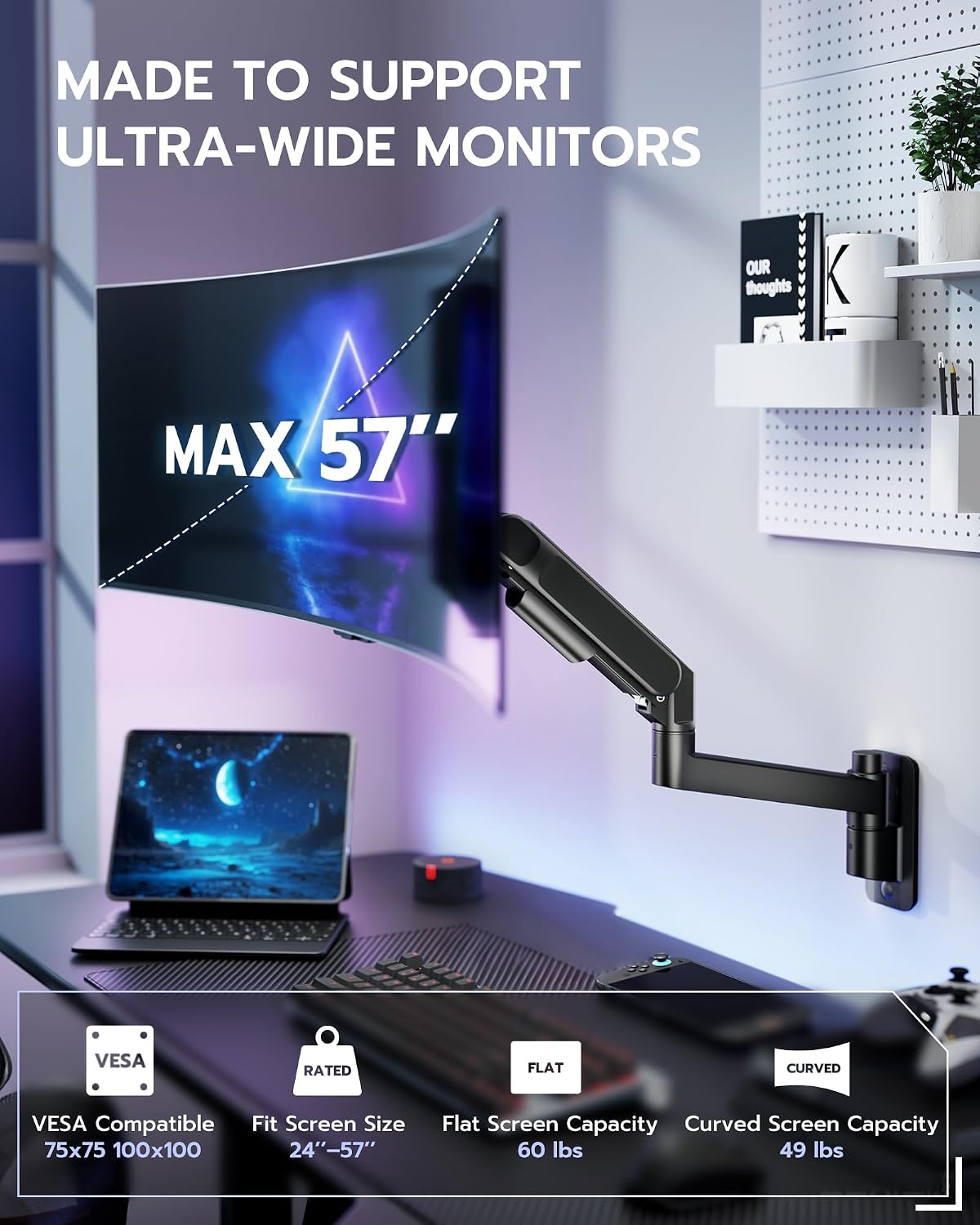 ARES WING Monitor Wall Mount for 24-57 Inch Ultrawide Screen, Black | Premium Heavy Duty Gaming Monitor Arm for 60 lbs, Full Motion Gas Spring, Bearing Head for Easy Adjustment, 75/100 VESA Mount