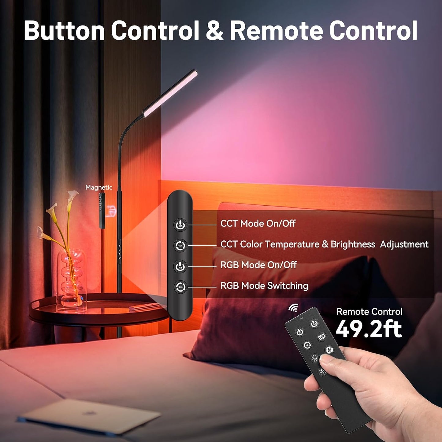 Dimunt LED Floor Lamp, Stepless Adjustable 3000K-6000K Colors, RGB | 4 Color Temps, Bright 15W Floor Lamps for Living Room with 1H Timer, Reading Standing Lamp with Remote & Touch Control, Home