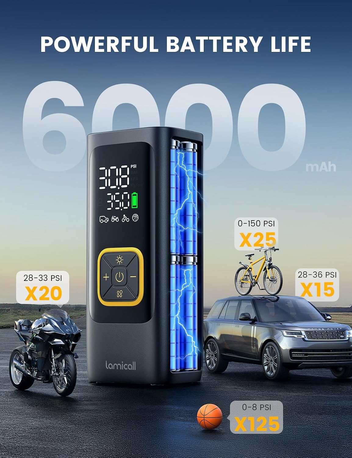 Lamicall Car Tire Inflator Portable Air Compressor, 4X Faster, 150 PSI | with Auto Stop, Rechargeable, Pressure Gauge Display, LED Light, Car Accessories Automatic Air Pump for Motorcycle Bike Ball